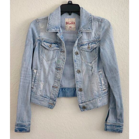 JEAN JACKET-MUDD-Distressed-Light Blue-Buttons-Short-X-SMALL - Picture 1 of 13